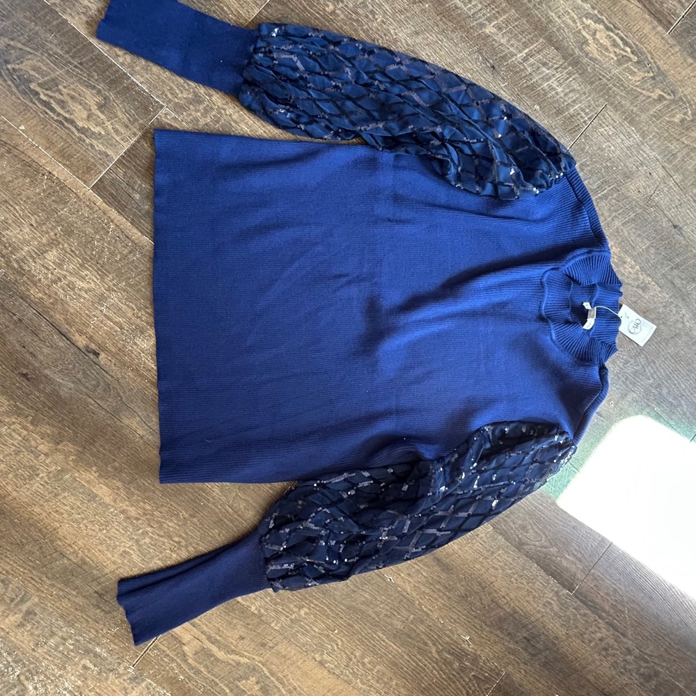 Cato Plus Sportswear Blue Sequin Puff Sleeve Ribbed‎ Mock Neck Sweater 26/28 NEW